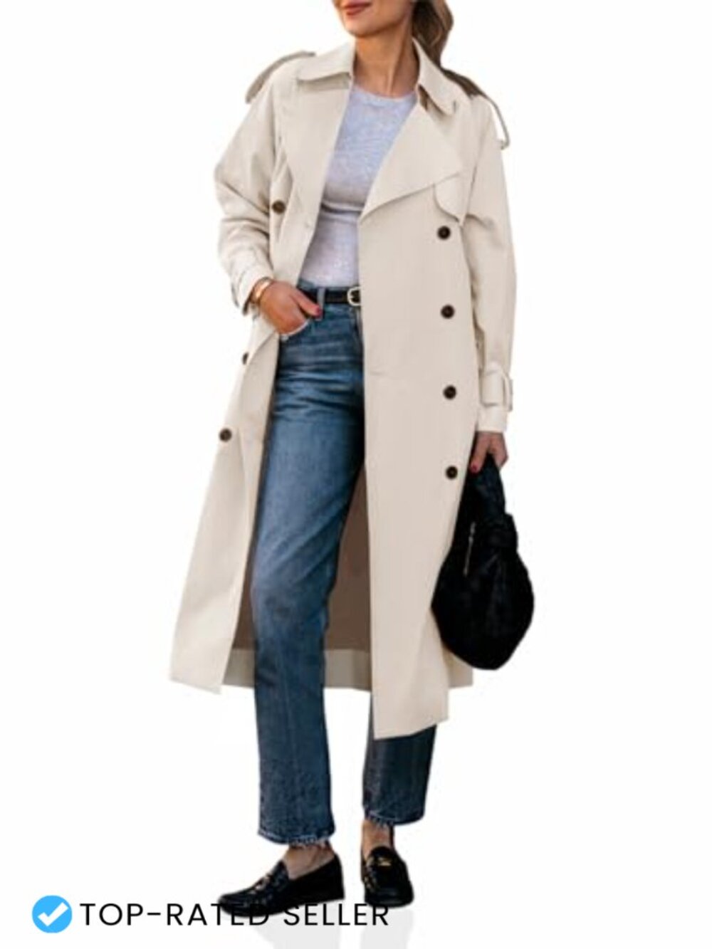 Long Trench Coat Double Breasted Classic Lapel Belted Waterproof Lightweight
